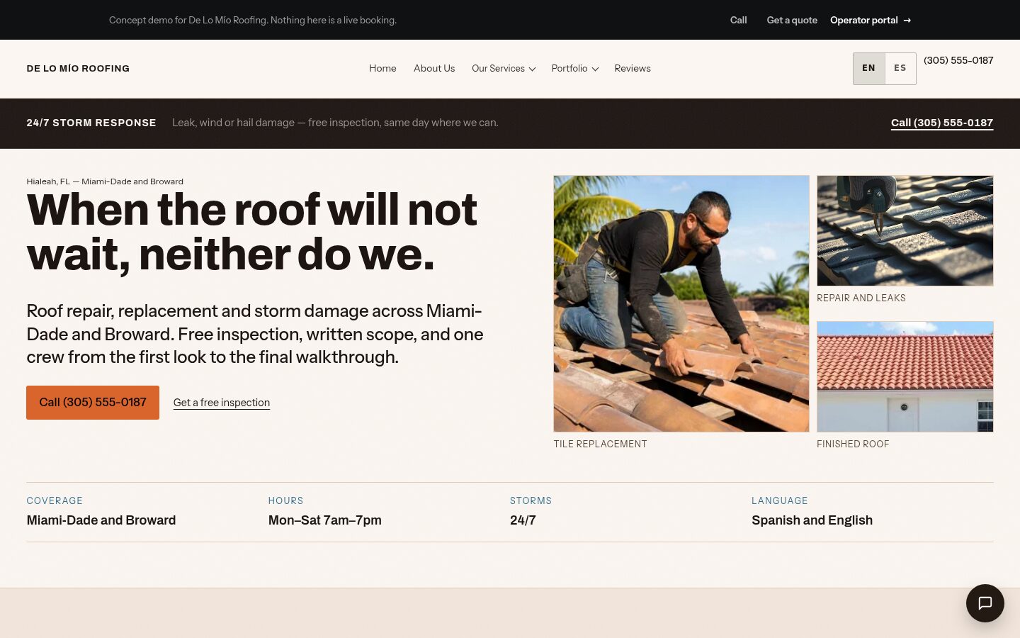 De Lo Mío Roofing website, home page